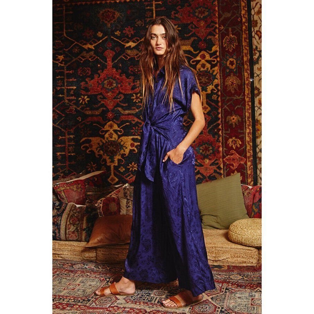 BUCKETLIST Clothing Women's Front Tie Button Down Jumpsuit Jacquard Navy IR5179 - Picture 5 of 9